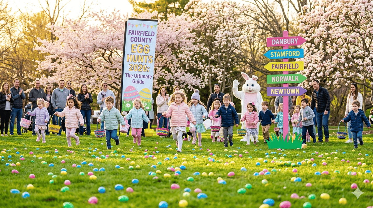 A group of children participating in a 2026 Easter egg hunt in a Fairfield County park. The background features blooming cherry blossoms and a colorful signpost pointing toward Danbury, Stamford, Fairfield, Norwalk, and Newtown.