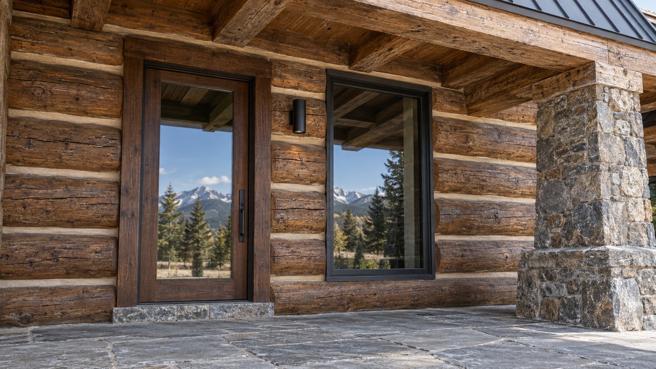 Low-angle close view of a log home's glazed entrance, heavy timber porch beams, quartzite landing and textured stone pier.