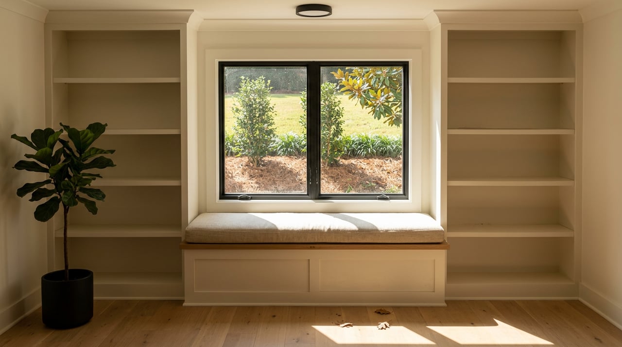 Built-in window seat beneath a black-framed window, with empty bookcases and sunlight across the cushion and oak floor.
