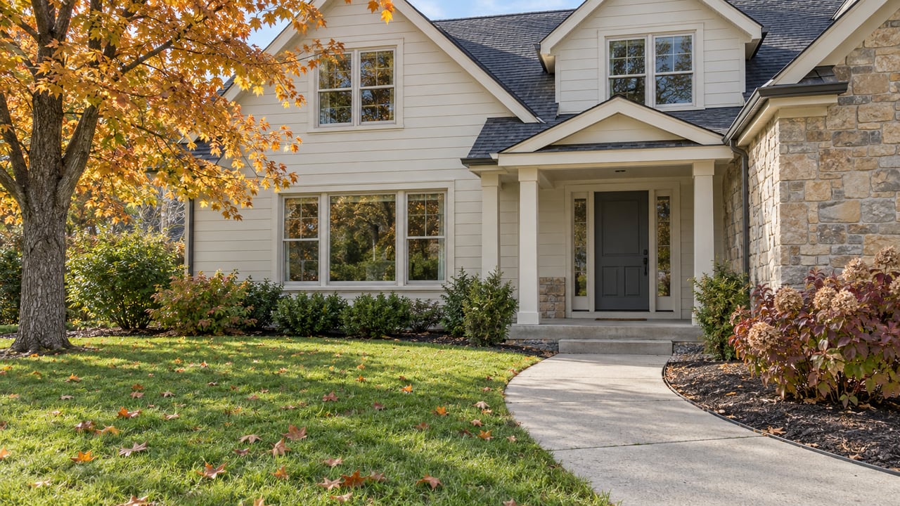 Autumn sunlight falls across a gabled home with ivory siding, limestone entry, and a curving concrete walk beside an amber maple.