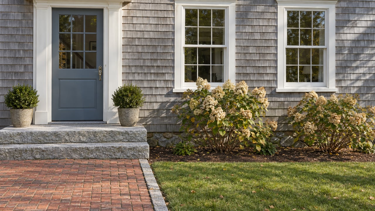 Silver-gray shingled home with a blue-gray glass-paneled door, paired white-trimmed windows, granite steps, brick walk and autumn hydrangeas.