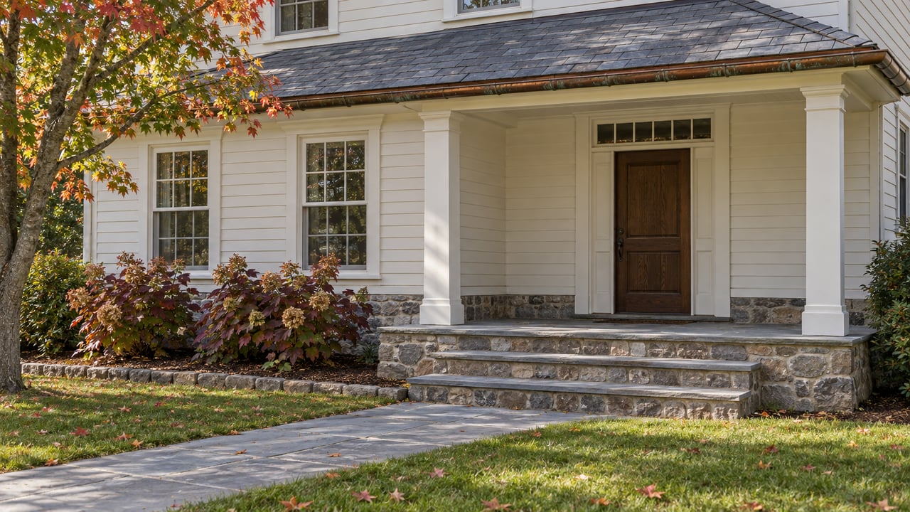 Cream clapboard home with a slate porch roof, fieldstone foundation and bluestone steps beside autumn maple leaves.