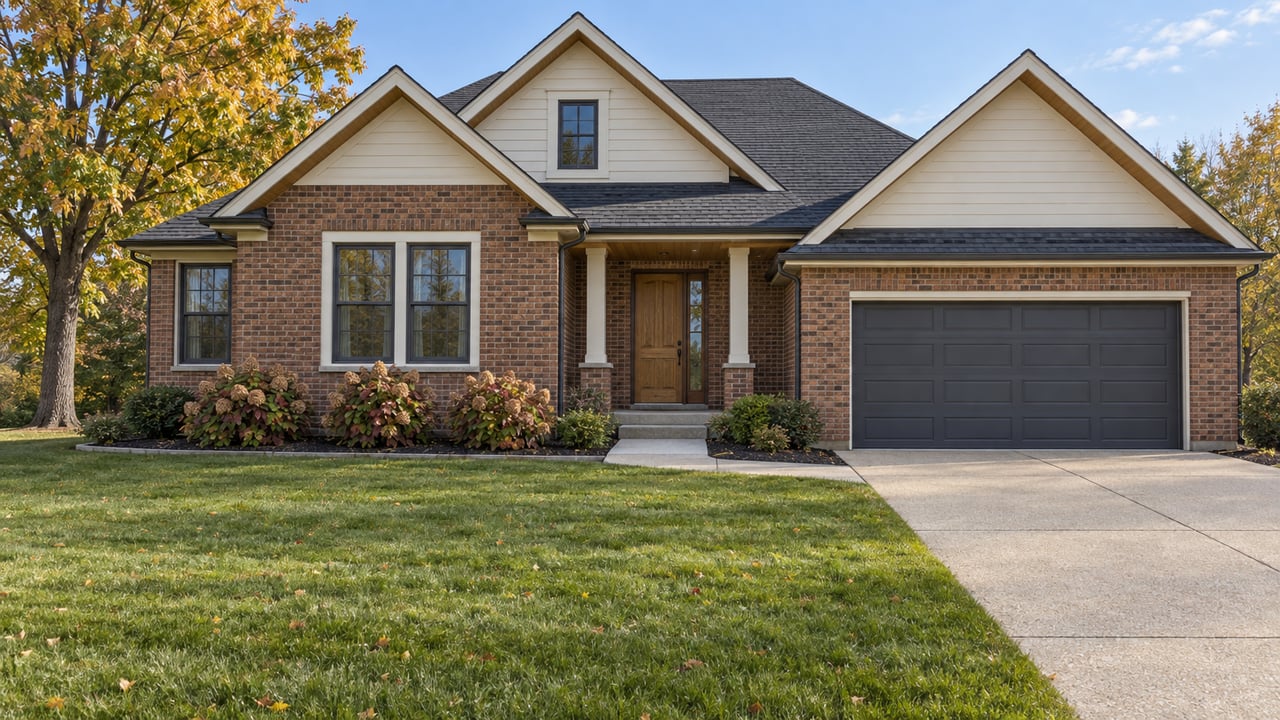 Updated brick home with ivory gables, an oak entry door, a deep front lawn and an autumn-colored maple.