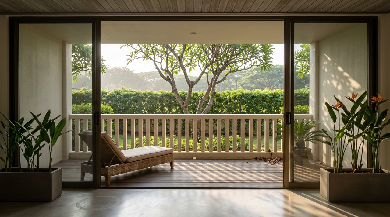 Lanai opening onto a landscaped courtyard, with a plumeria tree beyond the rail and long shadows across the floor.