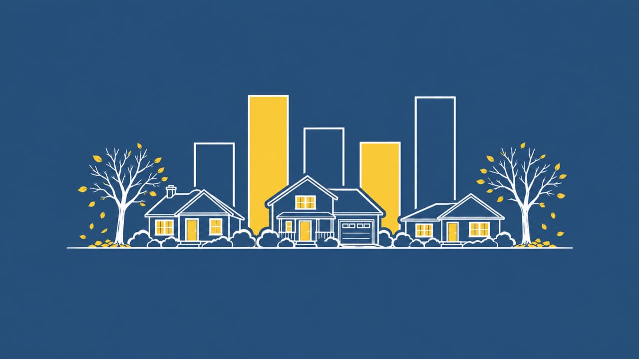 Illustration of three houses in front of a bar chart with five bars and two bare autumn trees, for five numbers on the Illinois housing market in October 2026.