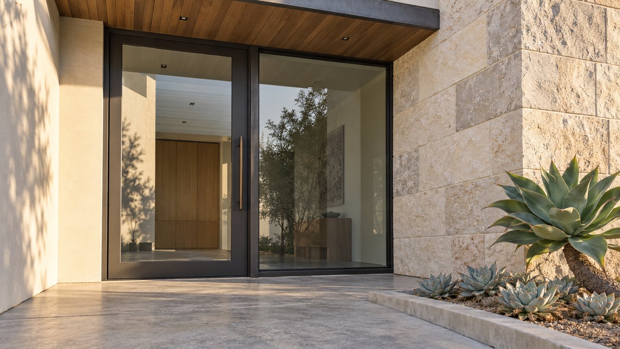 A recessed glazed entrance beneath a cedar overhang, with pale stucco, limestone cladding and sculptural succulents beside a concrete landing.