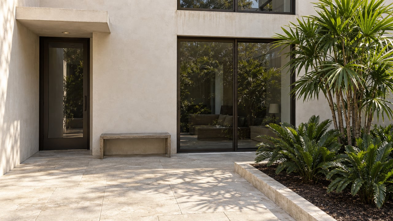 Sunlit ivory-stucco residential entry with bronze-framed glazing, limestone terrace, a weathered teak bench and a planted palm bed.