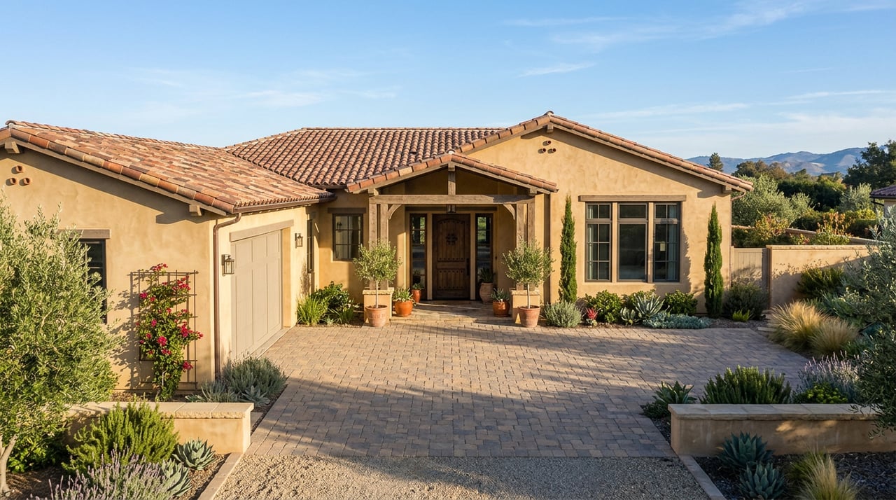 Mediterranean stucco residence with clay tile roof, arched entry, olive tree, and cypress trees.