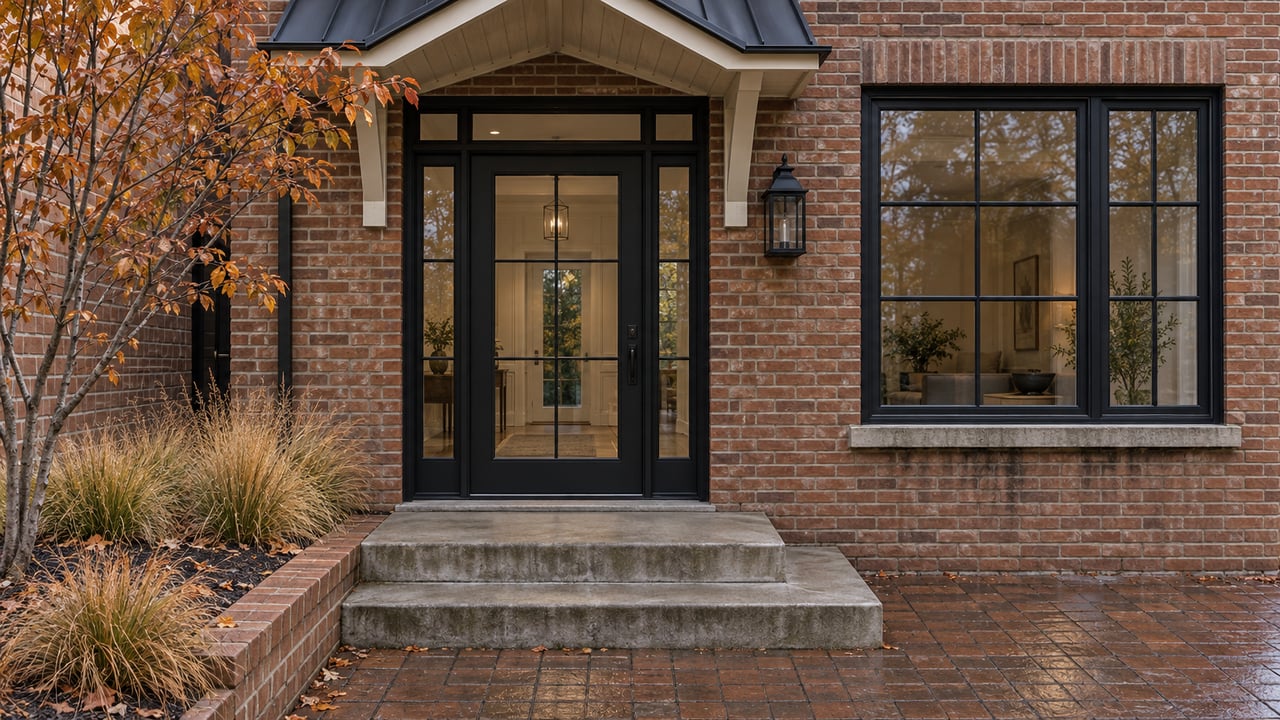 Brick home entrance with black-framed glass door, broad concrete steps, and autumn landscaping.