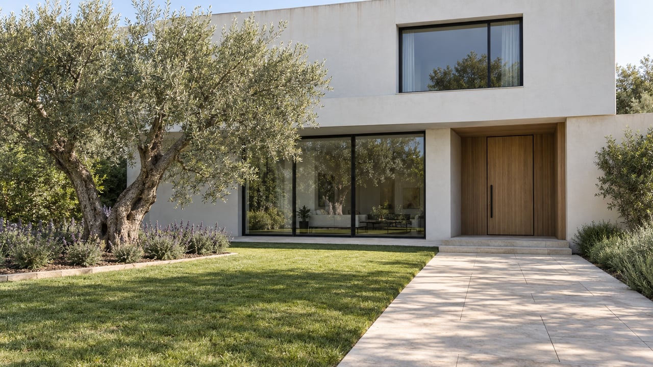Warm-white contemporary home behind a deep lawn and limestone entrance walk, with a mature olive tree and black-framed glazing.