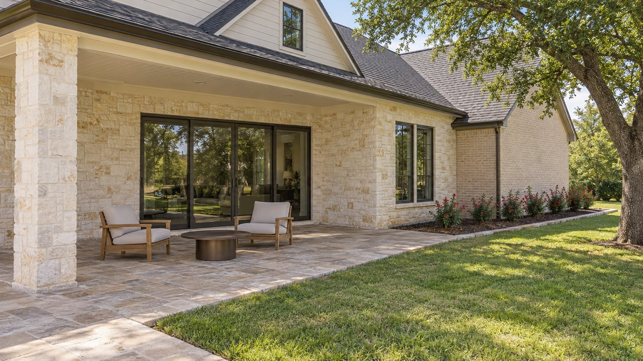 Covered limestone terrace with teak seating, bronze-framed glass doors and a broad lawn beside a pale masonry home.
