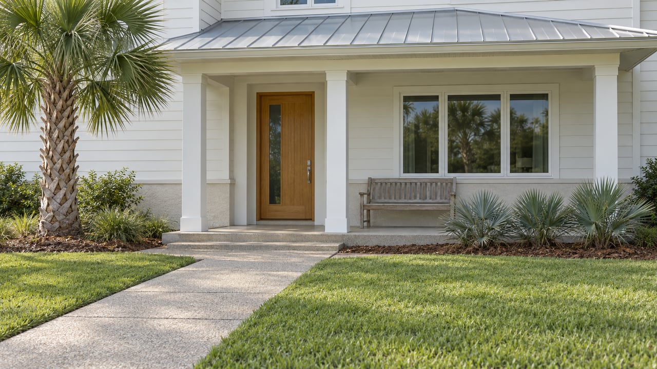 Light-sided home with a covered entry, oak door, teak bench and silver-green palms beside a concrete approach.