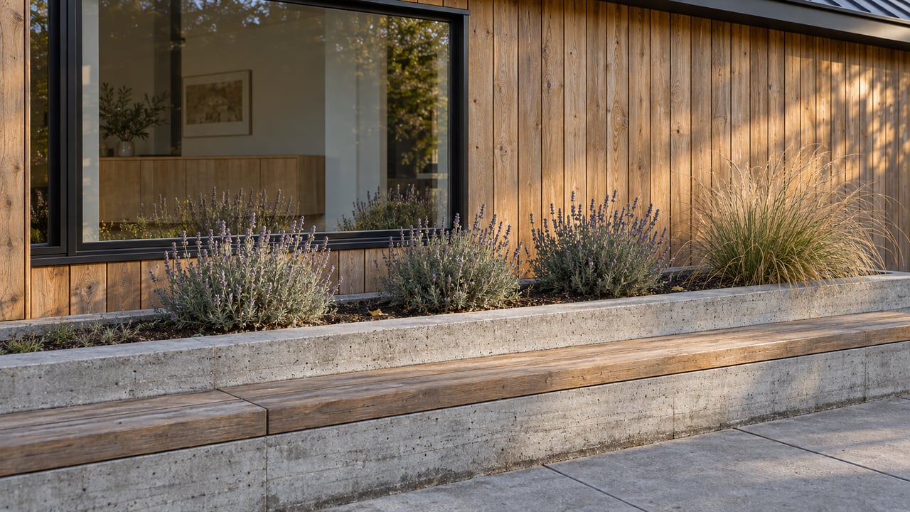 Warm cedar facade and closed black-framed window above a concrete planter with lavender, deer grass and an integrated cedar seat.