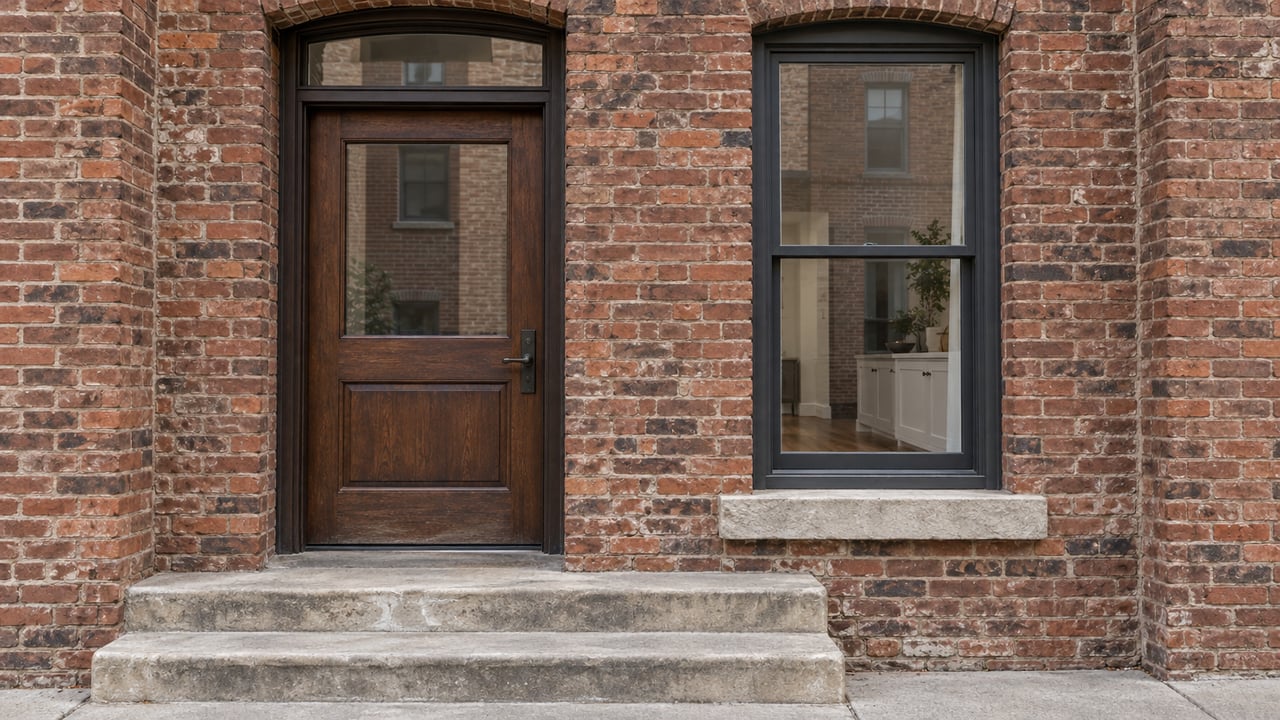 Walnut residential entrance and tall sash window in weathered russet brick, above worn limestone steps.