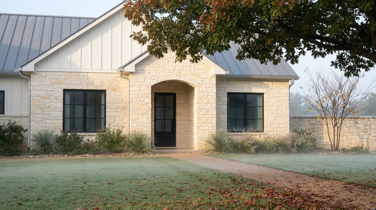 Limestone-and-white home entry with black steel door, misty lawn path, and red oak beginning to turn.