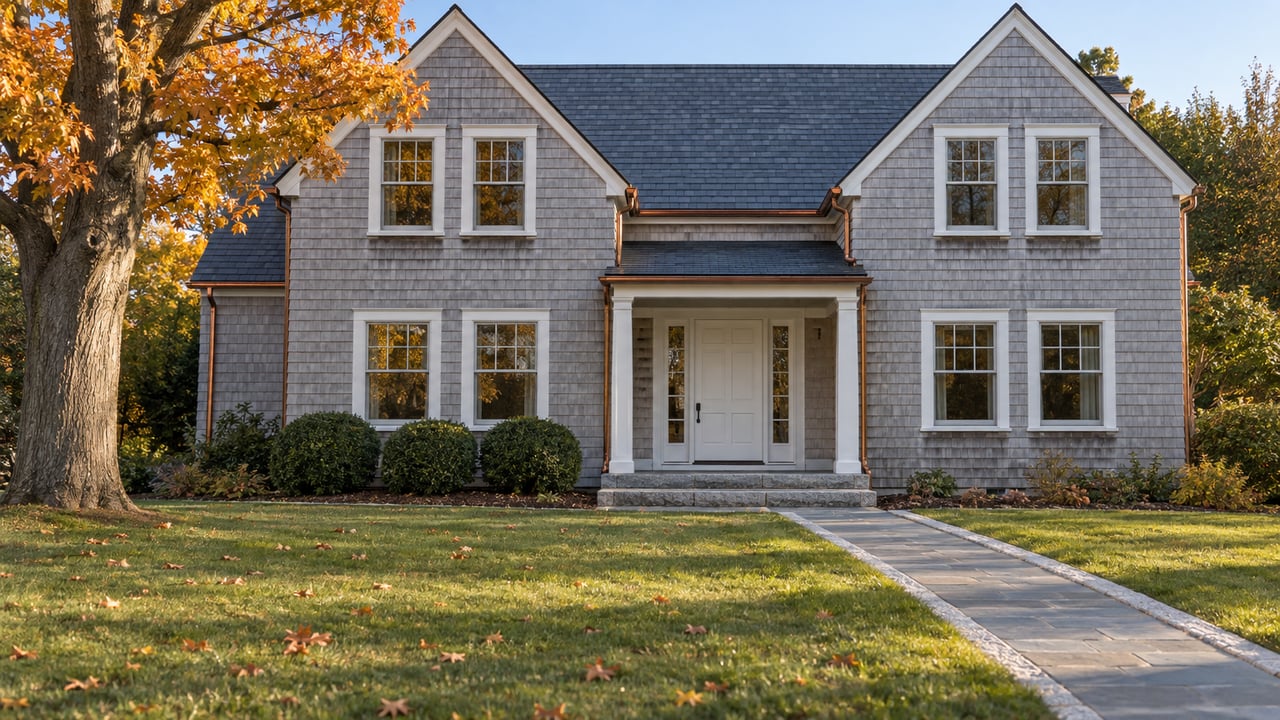 Weathered cedar-shingle home with white-trimmed windows, a bluestone front walk, and an amber-leaved maple beside a broad lawn.