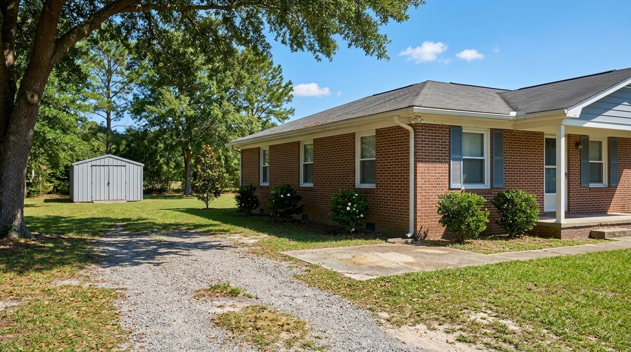 Brick ranch beside a gravel drive, with a small metal shed in the side yard.