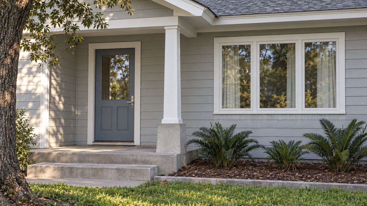 Pale-gray single-story home with a blue-gray glazed front door, white-framed windows, concrete porch steps and carefully placed native planting.
