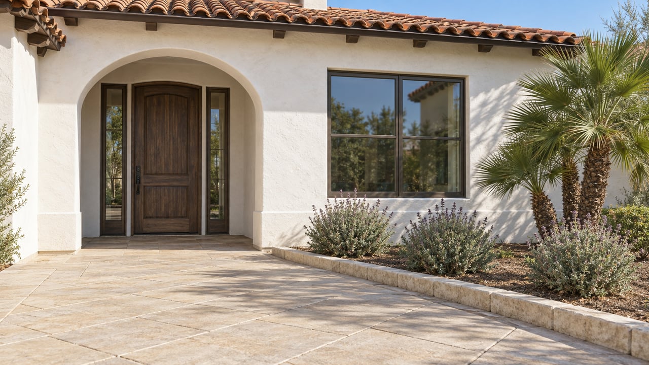 Sunlit white-stucco home entrance with clay roof tiles, dark oak door, bronze-framed window, sand-colored pavers and a sculptural fan palm.
