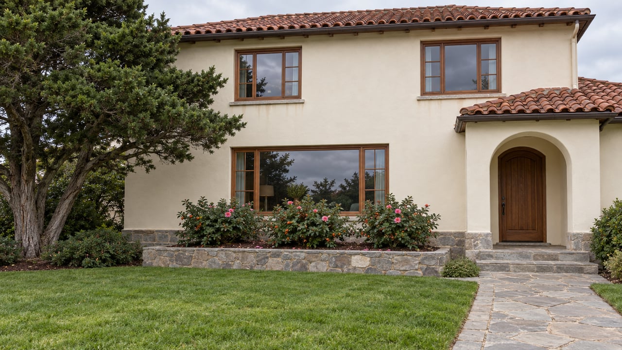 Cream stucco home with red clay roof tiles, wood-framed windows and an arched entry beyond a lawn and sandstone walk.