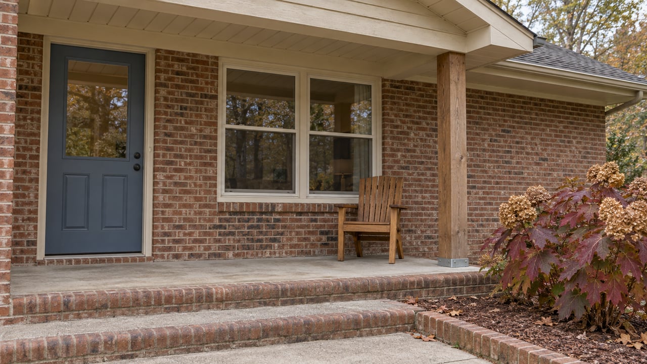 Covered porch of an established brick ranch with a slate-blue glazed door, oak chair, and autumn oakleaf hydrangea beside brick-edged steps.