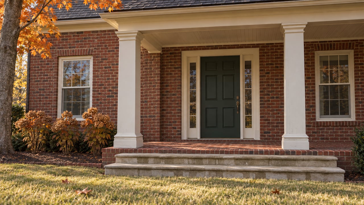Red brick home with cream porch columns, a dark green entry door, broad stone steps and copper autumn foliage.