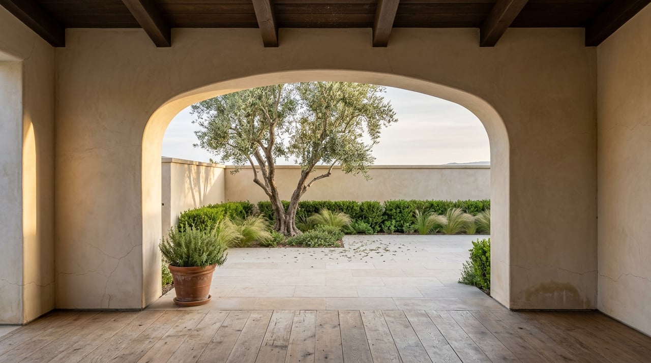 Plastered archway frames a courtyard with a mature olive tree, limestone paving, clipped hedges, and grasses.