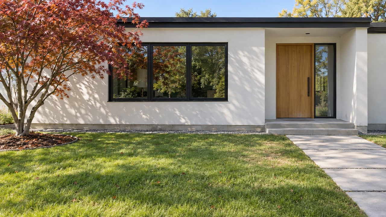 Contemporary white-stucco home with black-framed windows, a deep front lawn and a copper-red Japanese maple beside the entry path.