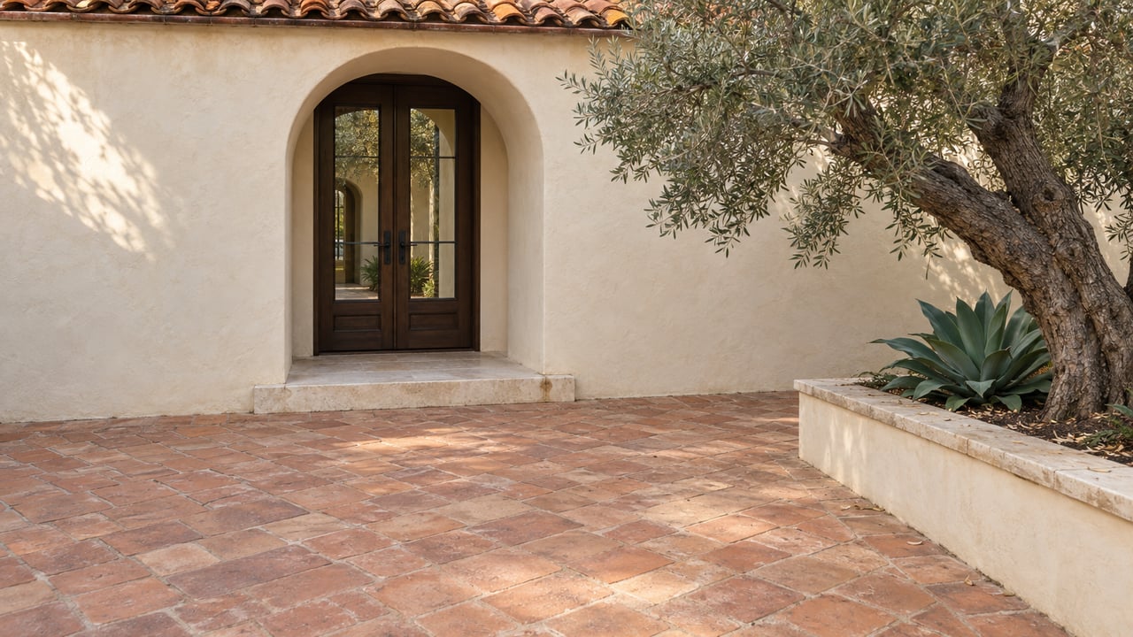 Cream-stucco courtyard entry with a rounded arch, glazed oak door, terracotta paving, and an olive tree.