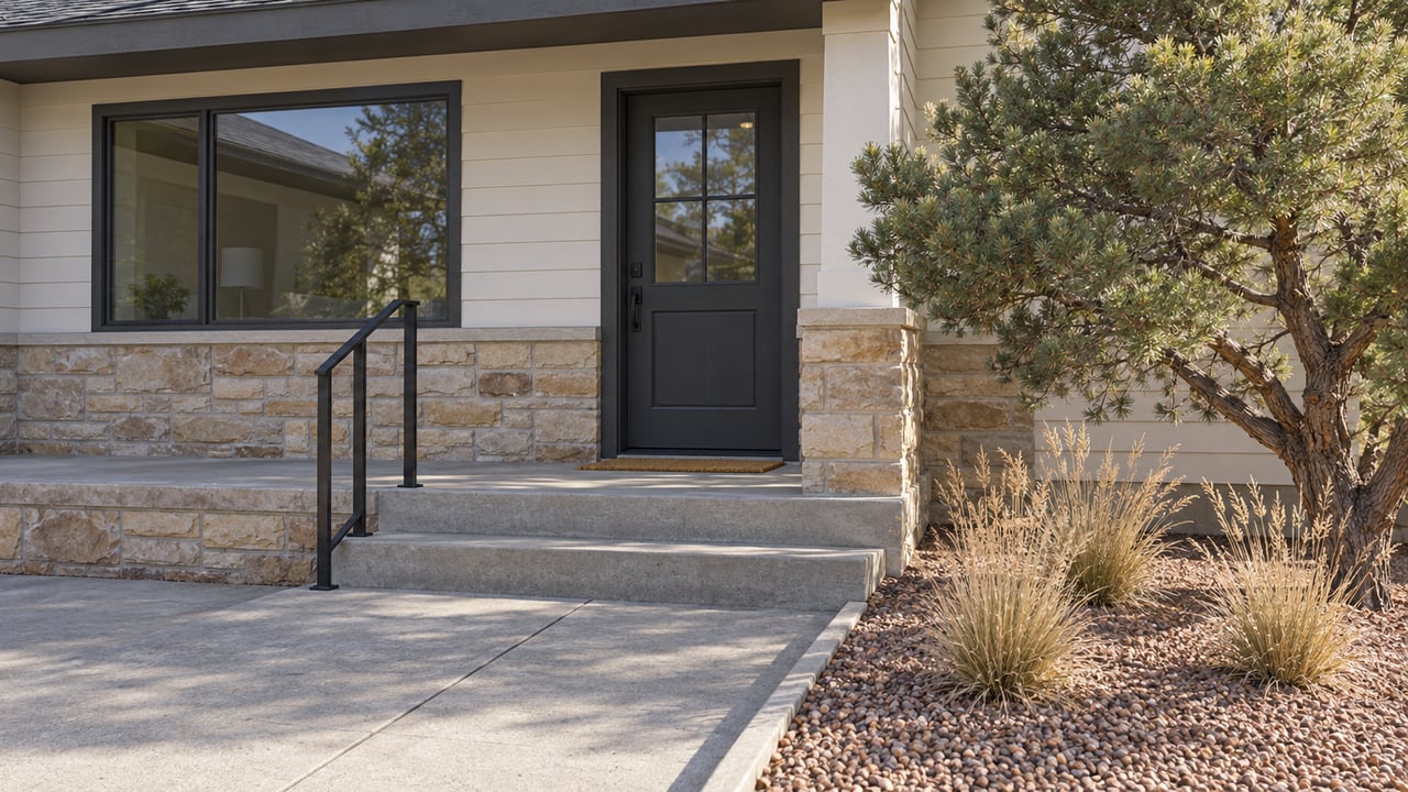 Morning sunlight on an off-white home's dark front door, sandstone porch base, concrete steps, and pinyon planting.