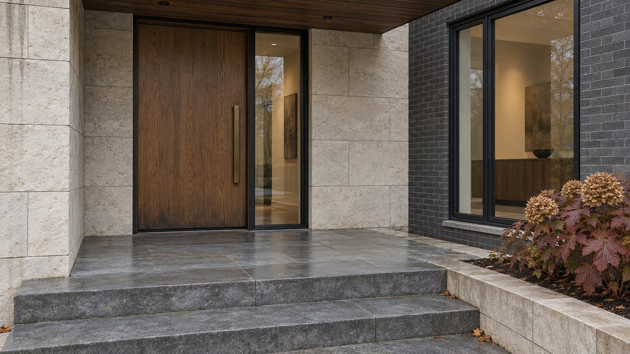 A sheltered smoked-oak entrance with limestone walls, charcoal brick, bluestone steps and burgundy oakleaf hydrangea foliage.