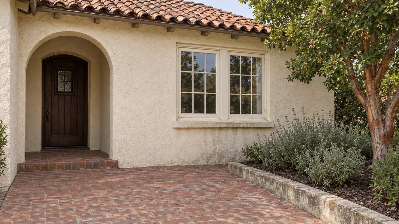 An ivory stucco home with a terracotta roof, recessed oak entry, paired timber windows and a weathered brick forecourt bordered by a strawberry tree and Cleveland sage.