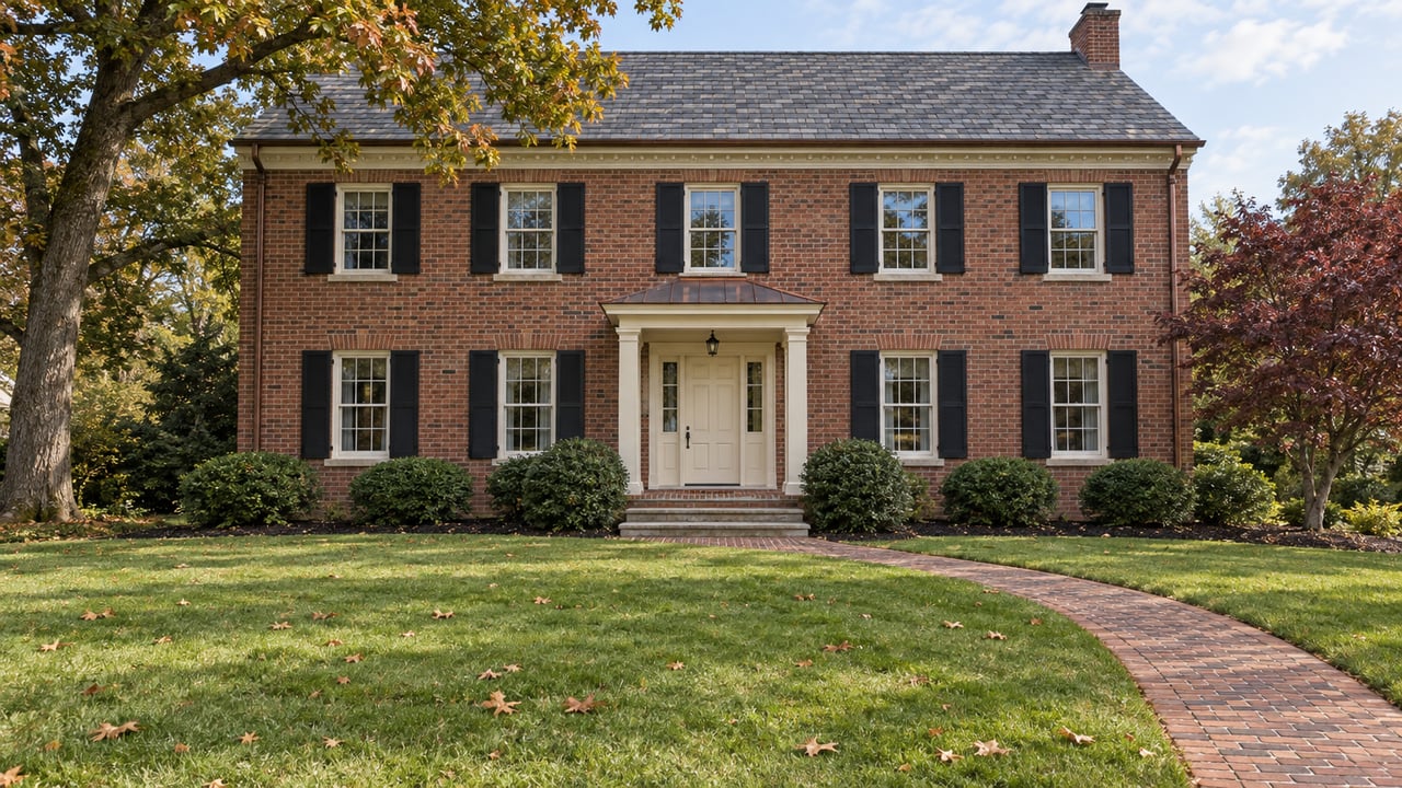 Two-story red-brick home with black shutters, a copper-roofed entry and a curved brick walk across an autumn lawn.
