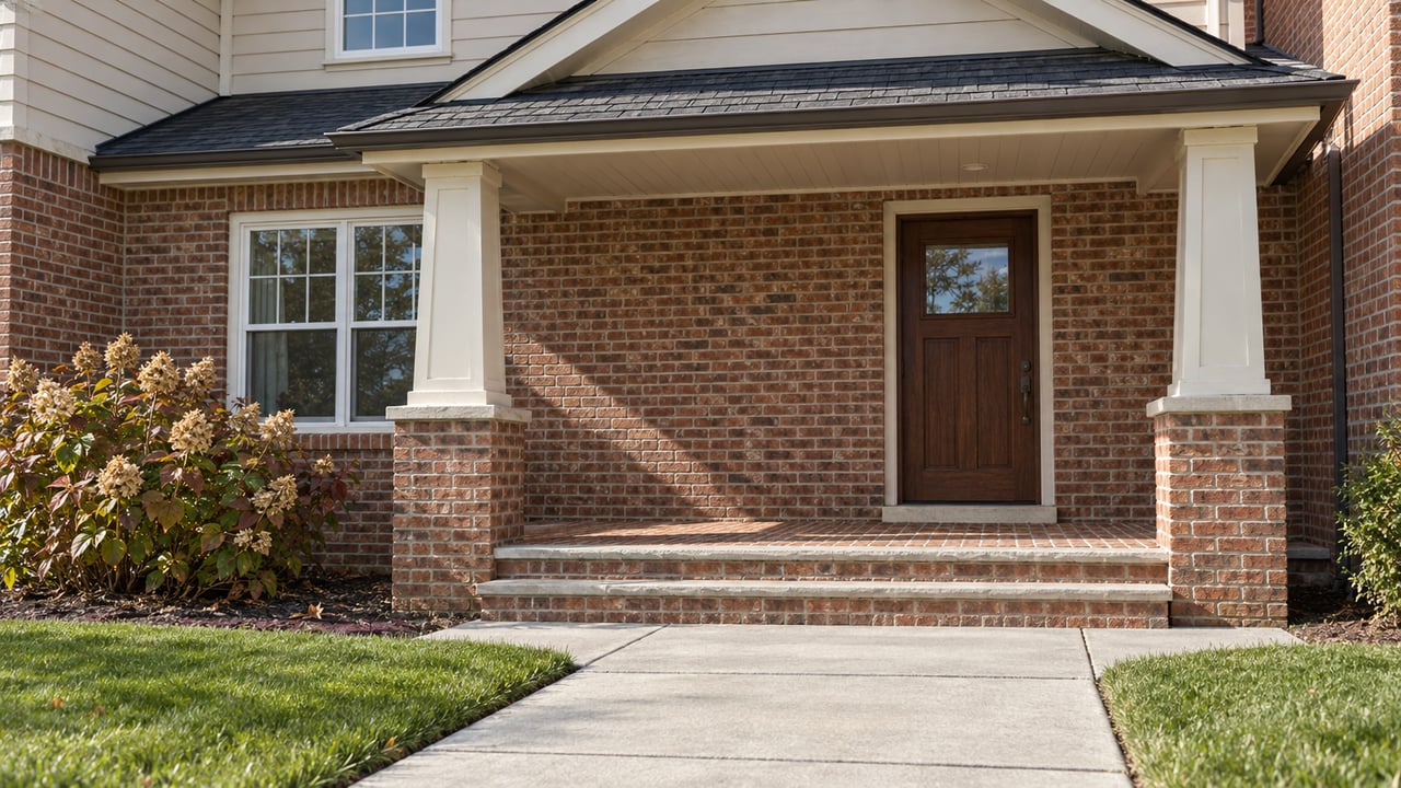 Brick porch and oak front door of a traditional suburban home, with cream siding, limestone steps and autumn oakleaf hydrangea.