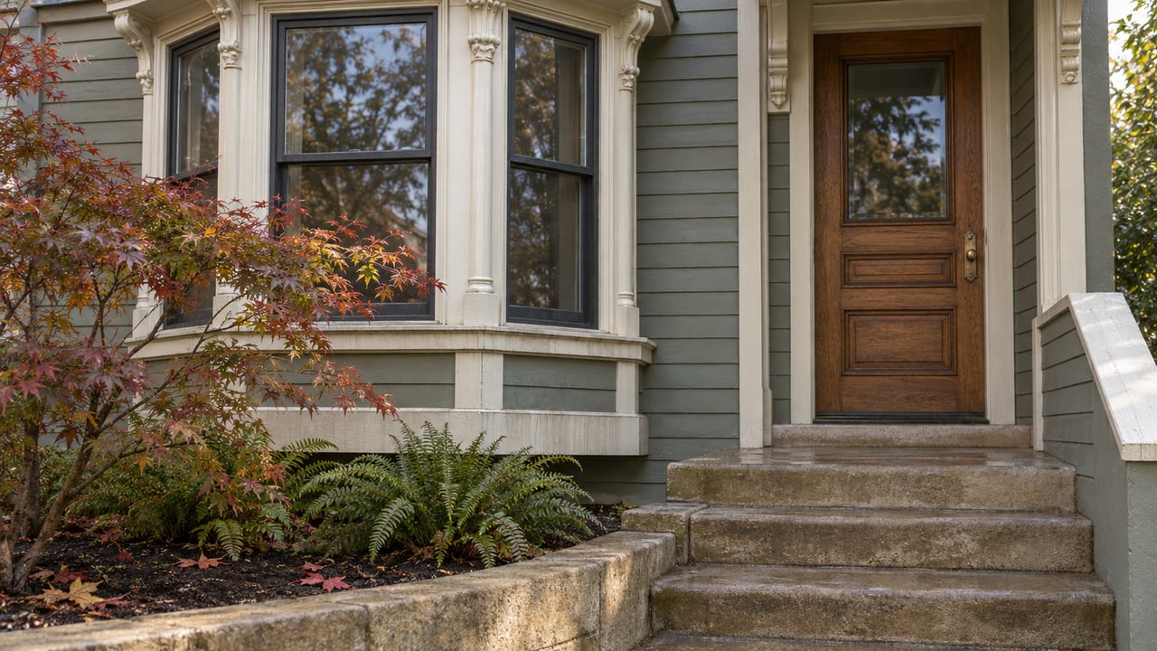 Gray-green timber facade with ivory bay-window trim, a closed oak door, worn stone steps, and a Japanese maple beside a contained fern bed.