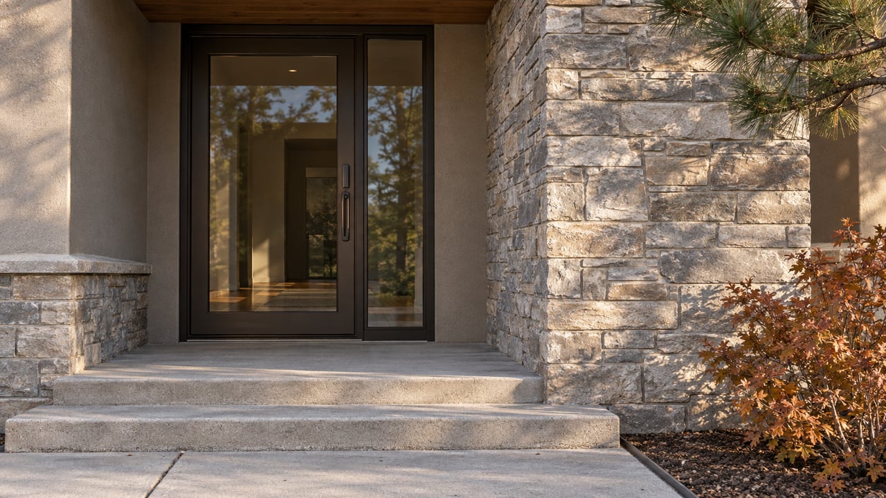 A recessed glass entrance framed by gray-beige ledgestone and cedar, with broad concrete steps and copper-colored oak leaves.