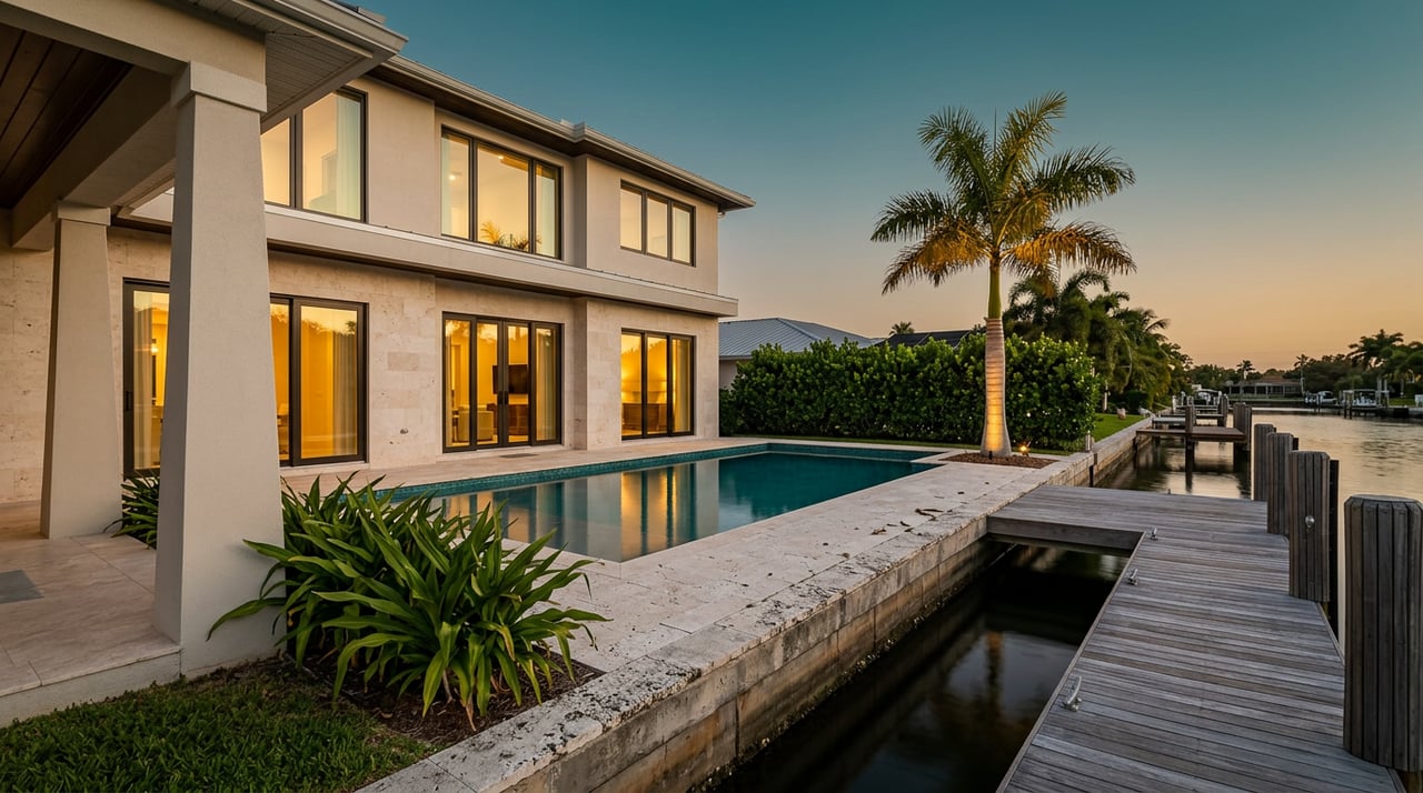 Coastal home with glowing glass doors overlooks a pool, weathered dock, and canal at dusk.