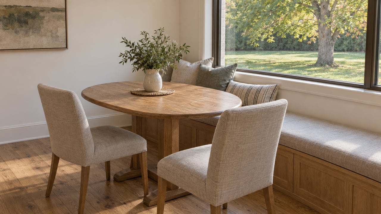 Oak breakfast alcove with a built-in bench and oval table beside a window overlooking a lawn and leafy tree.