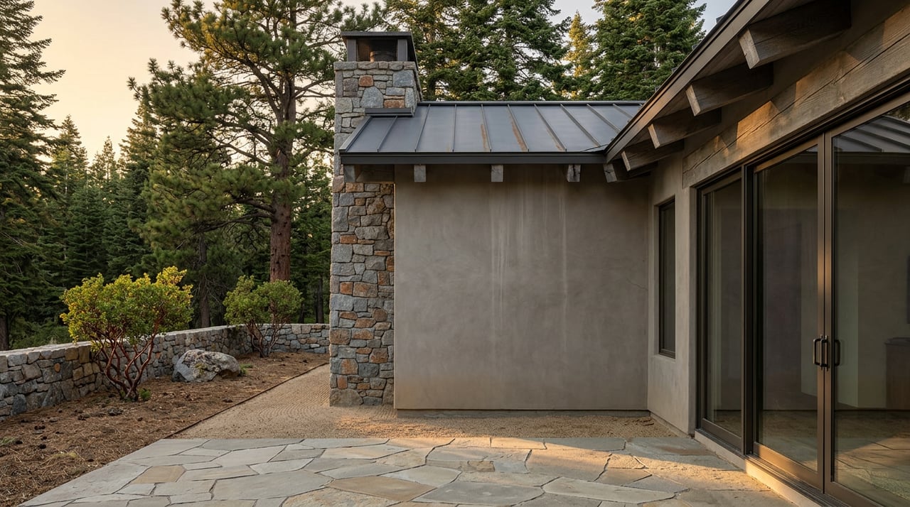Mountain estate with a fieldstone chimney, timber rafters, and a stone patio before dense conifer forest.