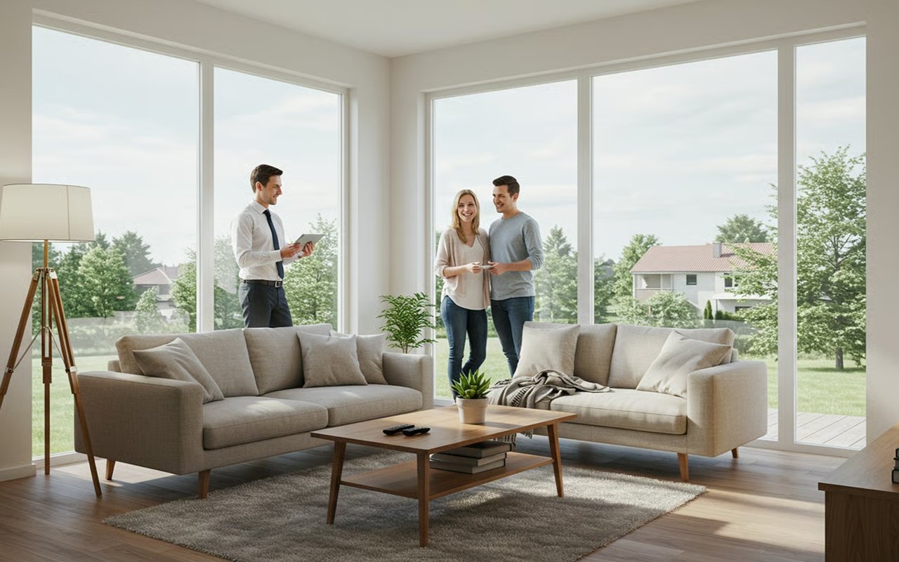 Furnished living room with large windows, where an agent shows a couple the space.