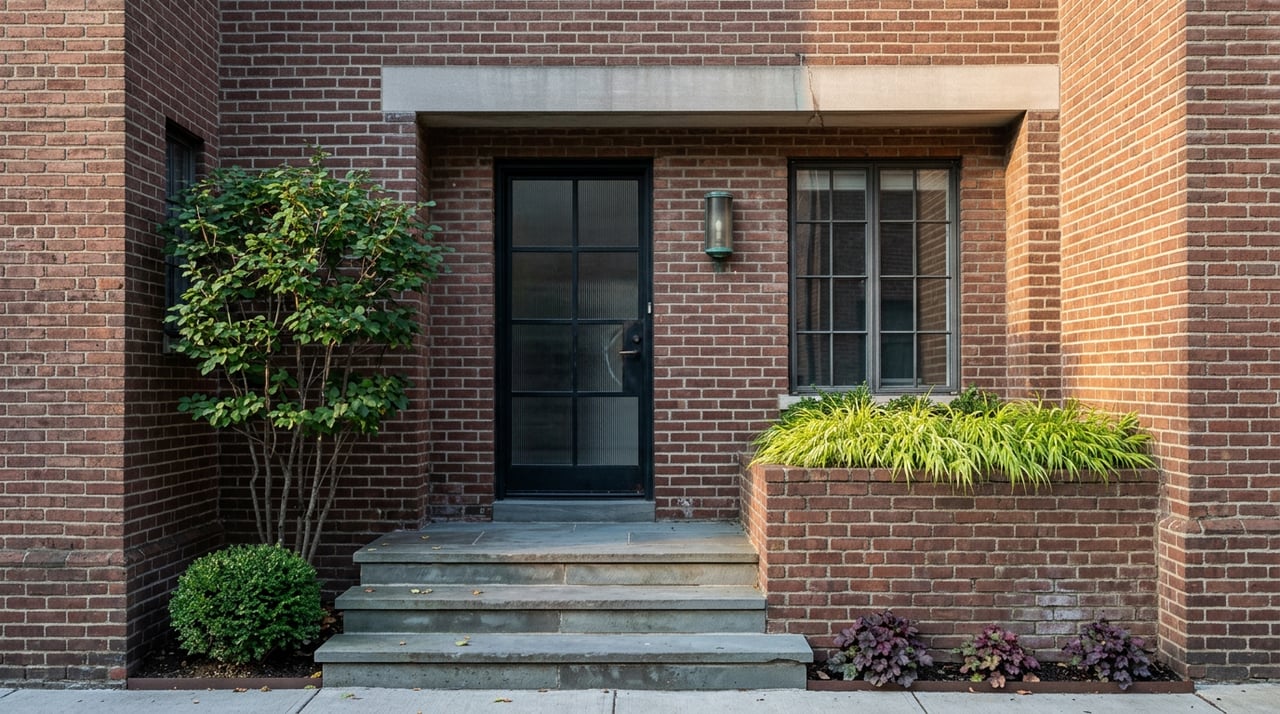 Brick entry with bluestone steps, a steel-framed glass door, and a raised planter with ornamental grasses.