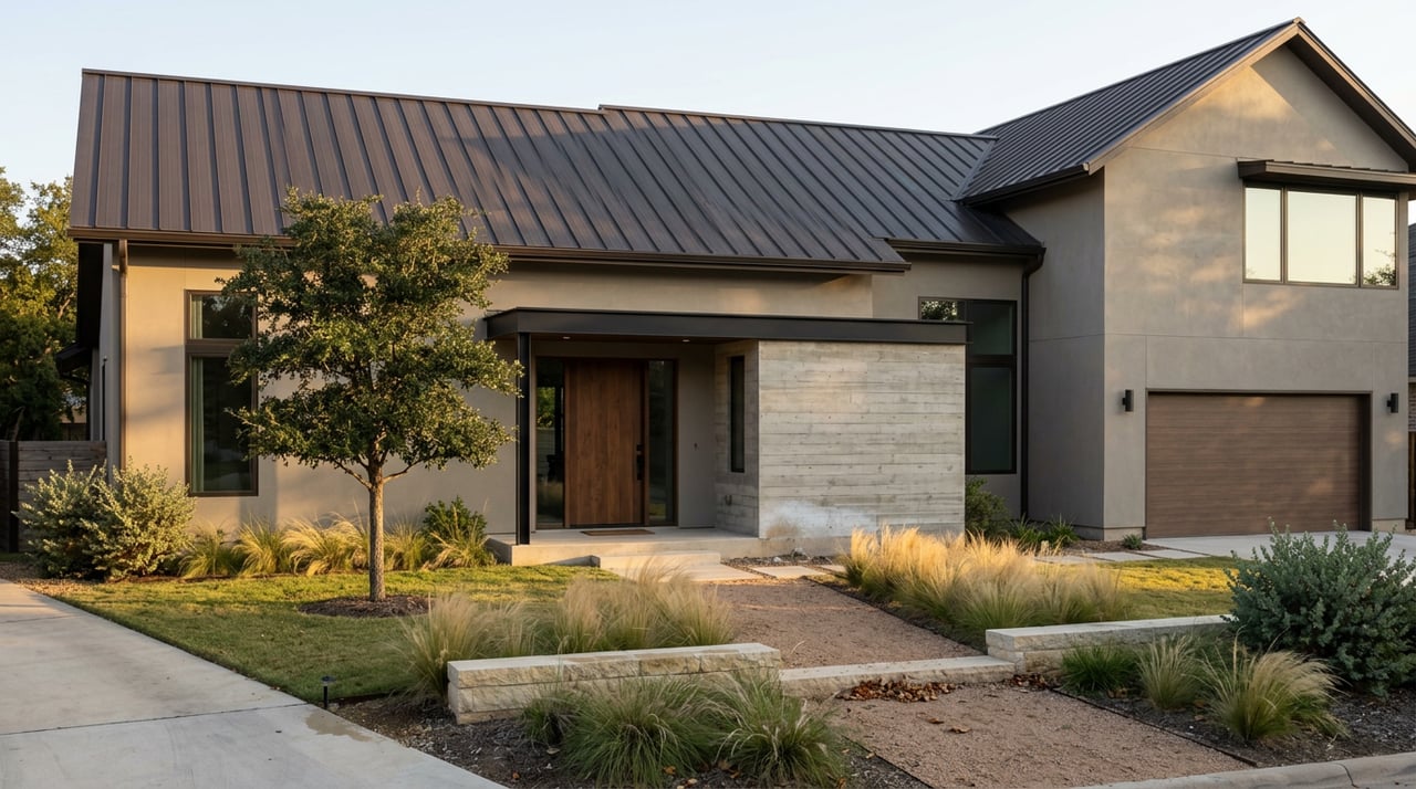 Two-story stucco home with a board-formed concrete entry, dark metal roof, and live oak shading the lawn.