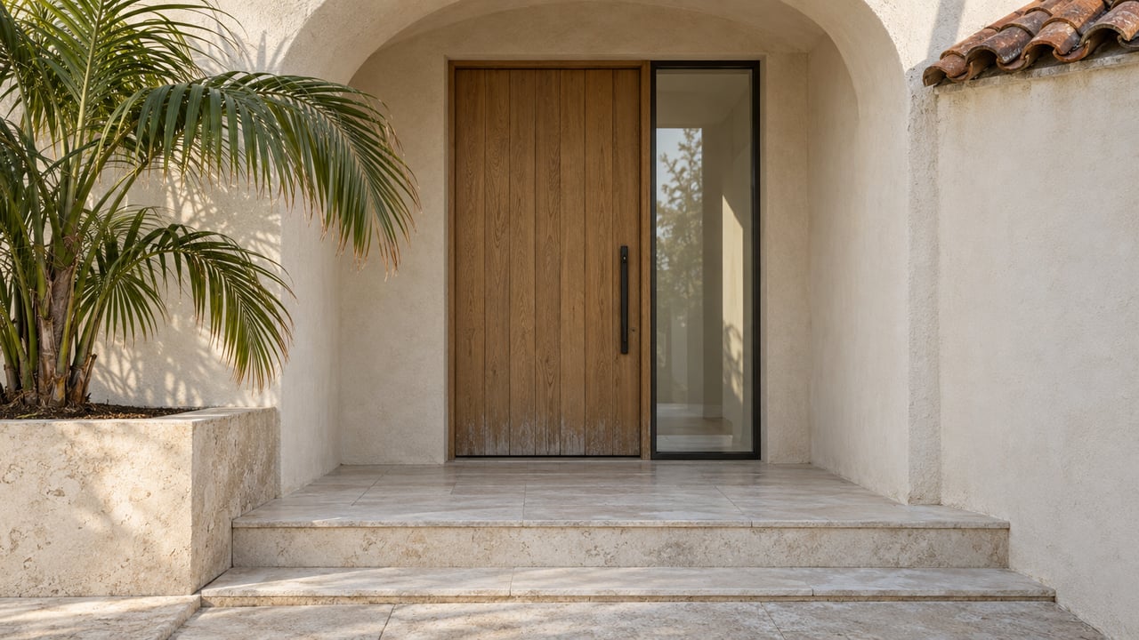 Recessed arched stucco entry with a natural oak door, glazed sidelight, limestone steps, and a single arching palm.