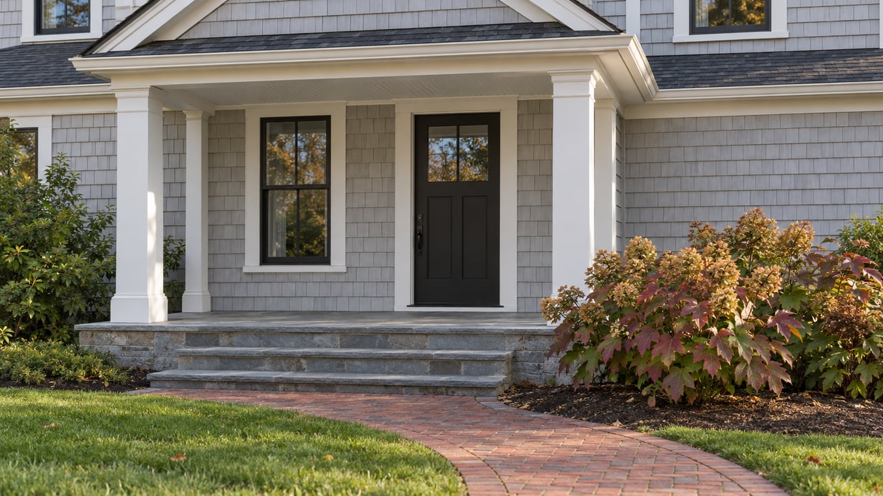Morning light on a gray-shingled home's covered entry, bluestone steps and curved brick walk beside autumn oakleaf hydrangeas.