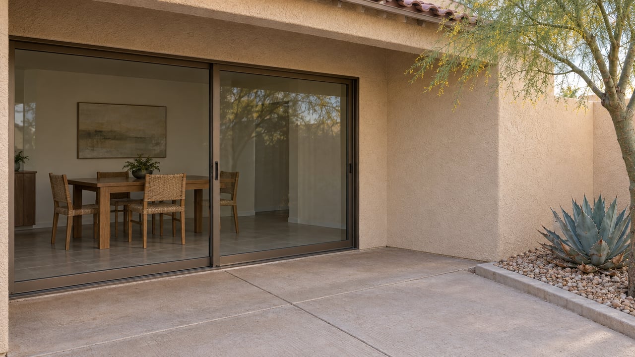 A shaded stucco patio with bronze-framed dining-room doors, buff concrete paving, and a sculptural desert tree beside an agave.