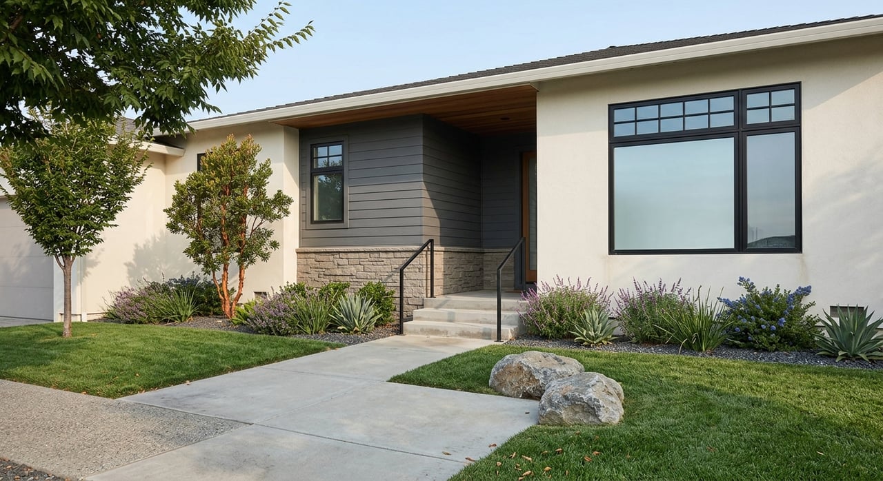 Suburban stucco house with a walnut-slat porch soffit, broad picture window, stone steps, and a lawn walkway.