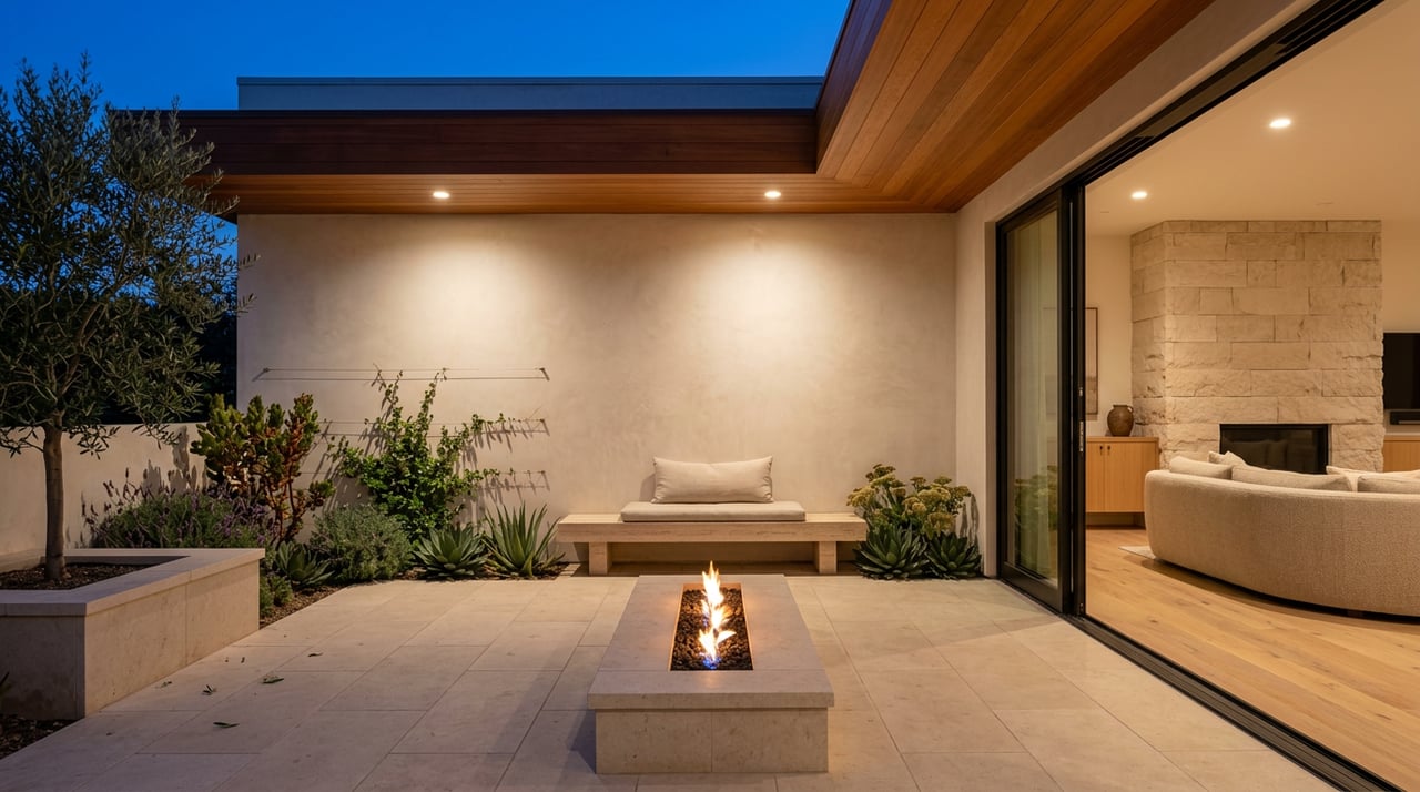 Covered terrace with a linear fire trough, travertine bench, and open slider revealing a warmly lit living room.