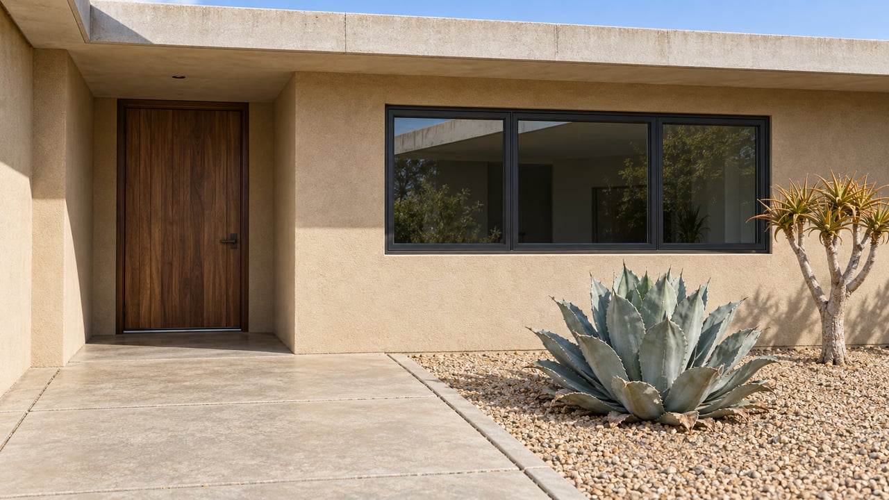 Sand-colored modern home's shaded walnut entry and dark-framed windows beside concrete paving and sculptural desert plants.