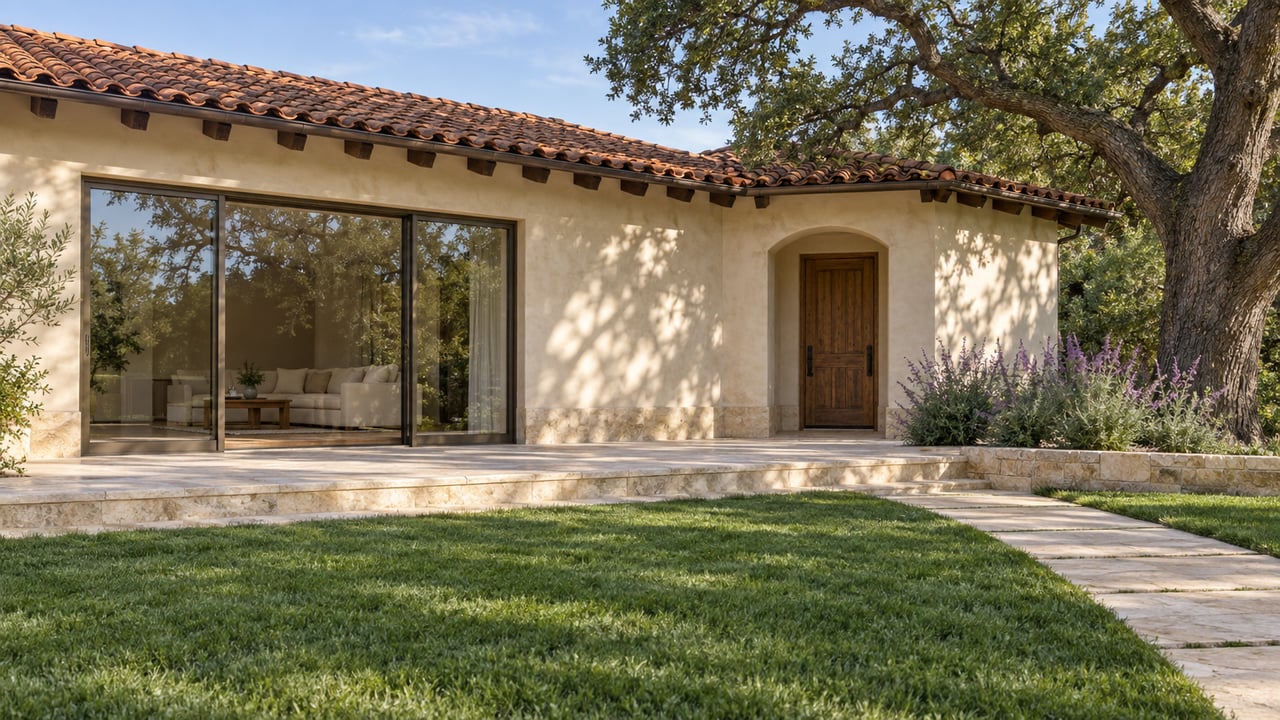 Stucco home with terracotta tile roof, broad glass doors, stone patio, and large shade tree.
