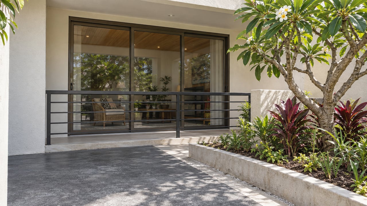 Closed bronze sliding doors open visually onto a timber interior, beside a plumeria and two cordylines.